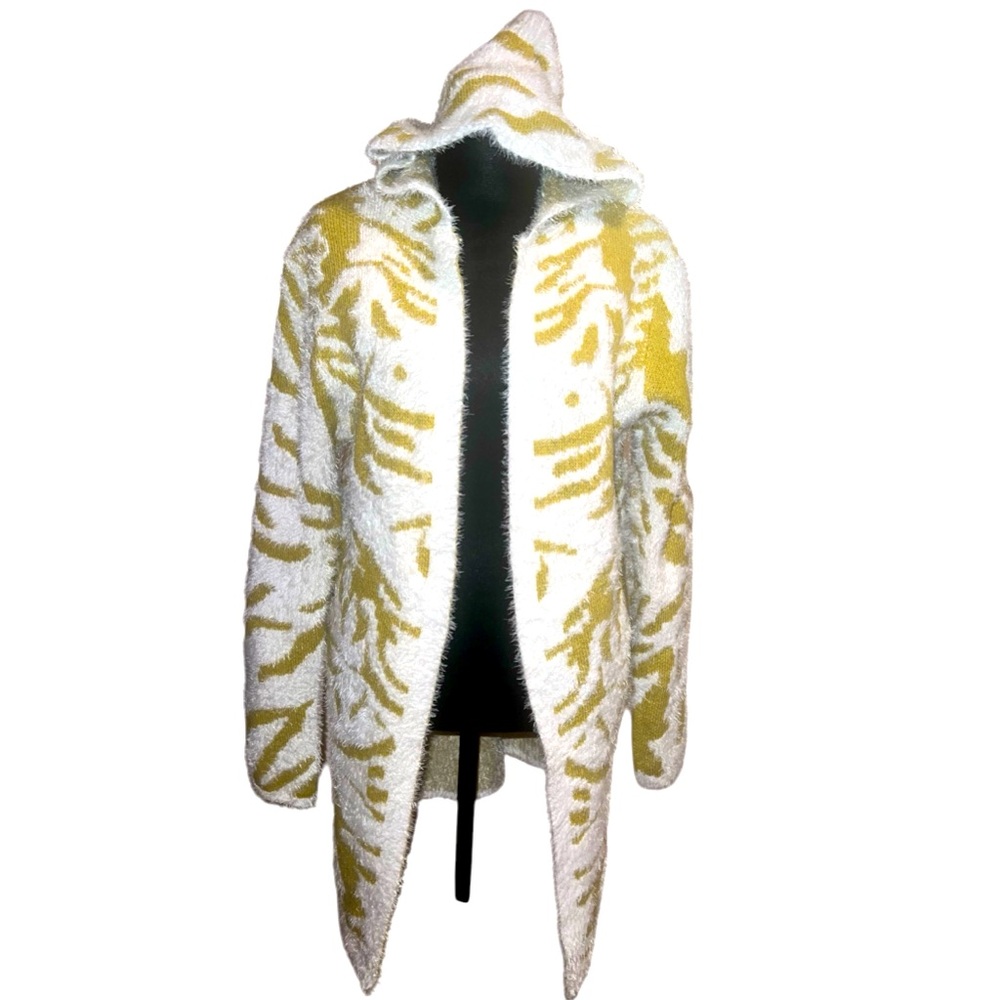 White and Green Fuzzy Hooded Sweater.